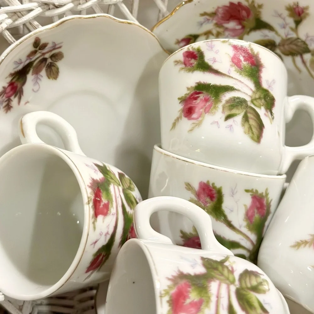 Moss Rose Floral Porcelain Demitasse and Footed Base Tea Cups and Saucers